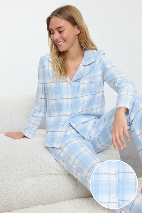 Trendyol Trendyol Blue-Multicolored Cotton Plaid Pocket Detail Flannel Fabric Woven Pajama Set