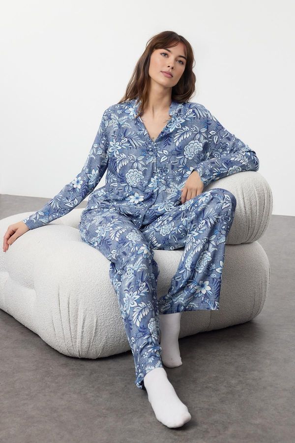 Trendyol Trendyol Blue-Multicolored Floral Viscose Woven Pajama Set