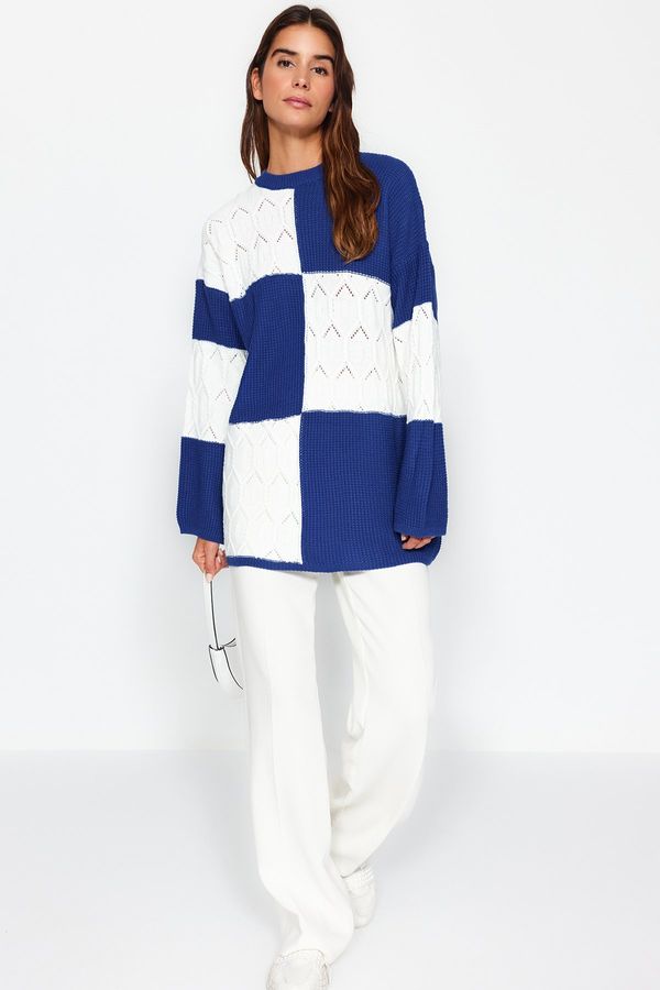 Trendyol Trendyol Blue Openwork/Perforated Color Block pleteni pulover za pletenine