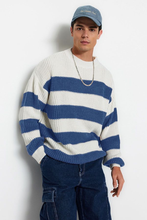 Trendyol Trendyol Blue Oversize Crew Neck Striped Knitwear Sweater