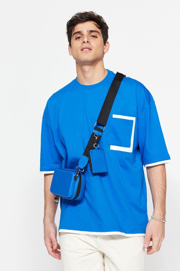 Trendyol Trendyol Blue Oversize Pocket Color Blocked 100% Cotton T-Shirt