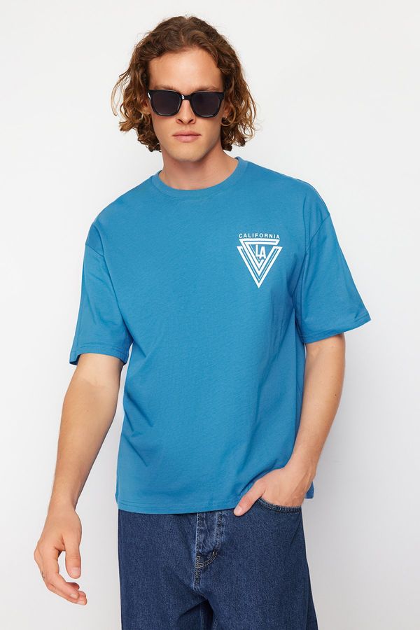 Trendyol Trendyol Blue Oversize/Wide Cut Crew Neck City Printed 100% Cotton T-Shirt