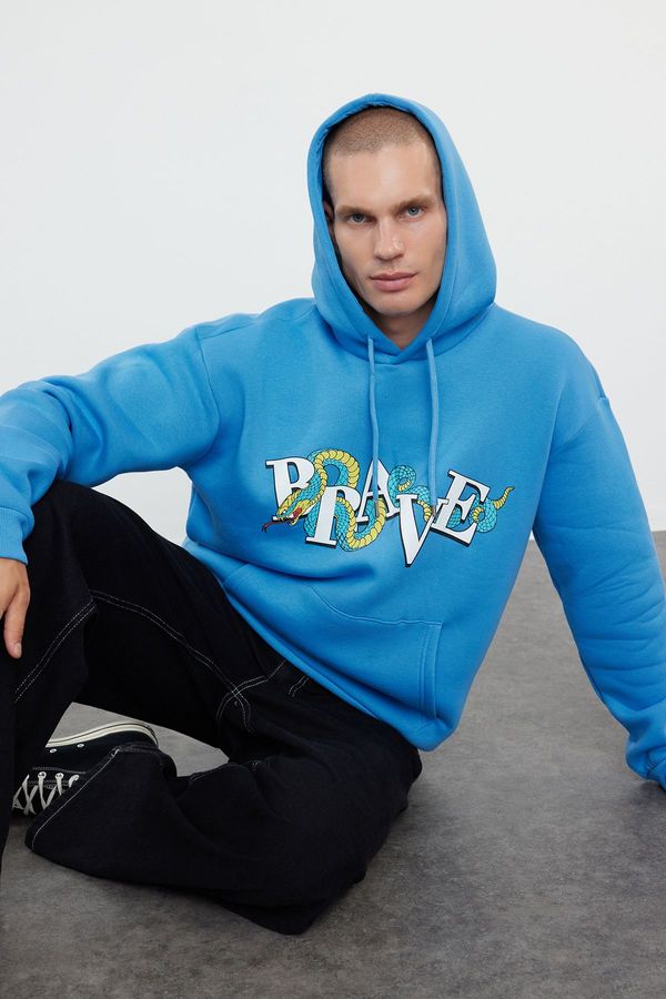 Trendyol Trendyol Blue Oversize/Wide Cut Hooded Puffy Printed Fleece Sweatshirt