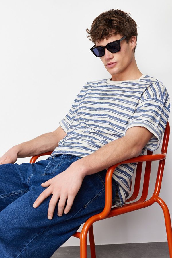 Trendyol Trendyol Blue Oversize/Wide Cut Striped Labeled Short Sleeve Textured Linen-Cotton T-Shirt