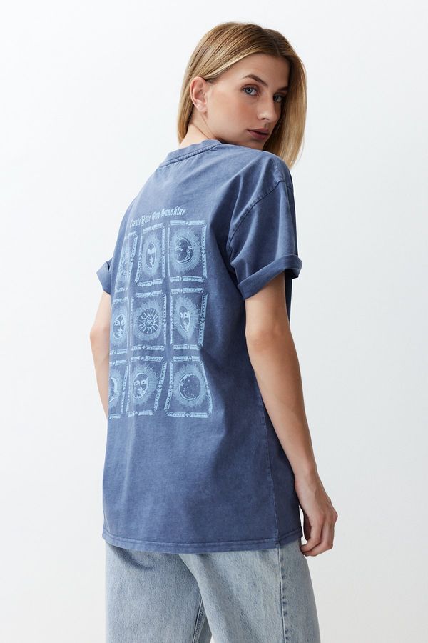 Trendyol Trendyol Blue Oversize/Wide Fit Galaxy Front and Back Printed Washed Knitted T-Shirt