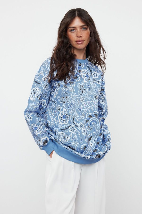 Trendyol Trendyol Blue Paisley Patterned Diver/Scuba Knitted Sweatshirt