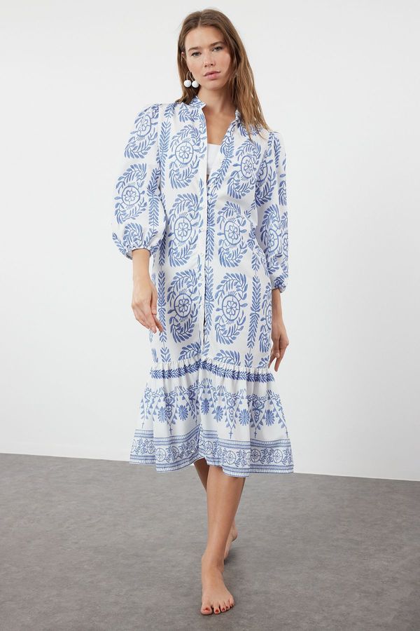 Trendyol Trendyol Blue Paisley Patterned Midi Woven Ruffle Beach Dress