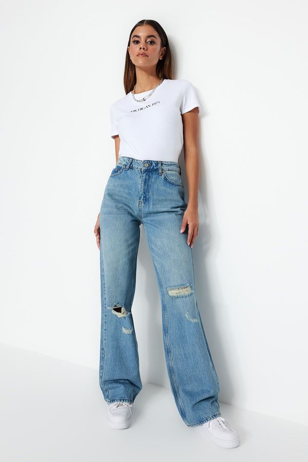 Trendyol Trendyol Blue Pale Effect Vintage Ripped Detailed Low Waist Wide Leg Jeans