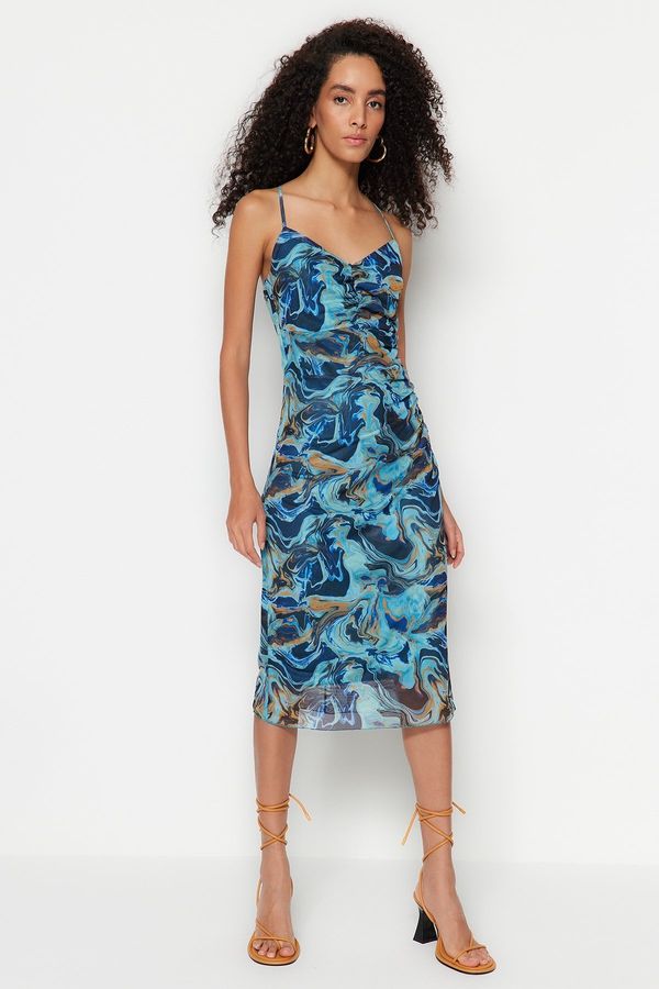 Trendyol Trendyol Blue Patterned Gathered Tulle Stretchy Knitted Dress