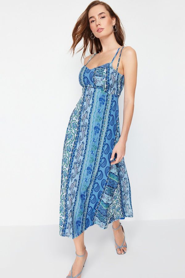 Trendyol Trendyol Blue Patterned Patterned A-Cut Strap Midi Lined Woven Dress