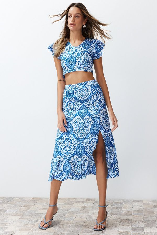 Trendyol Trendyol Blue Patterned Slit Ribbed Flexible Knitted Two Piece Set