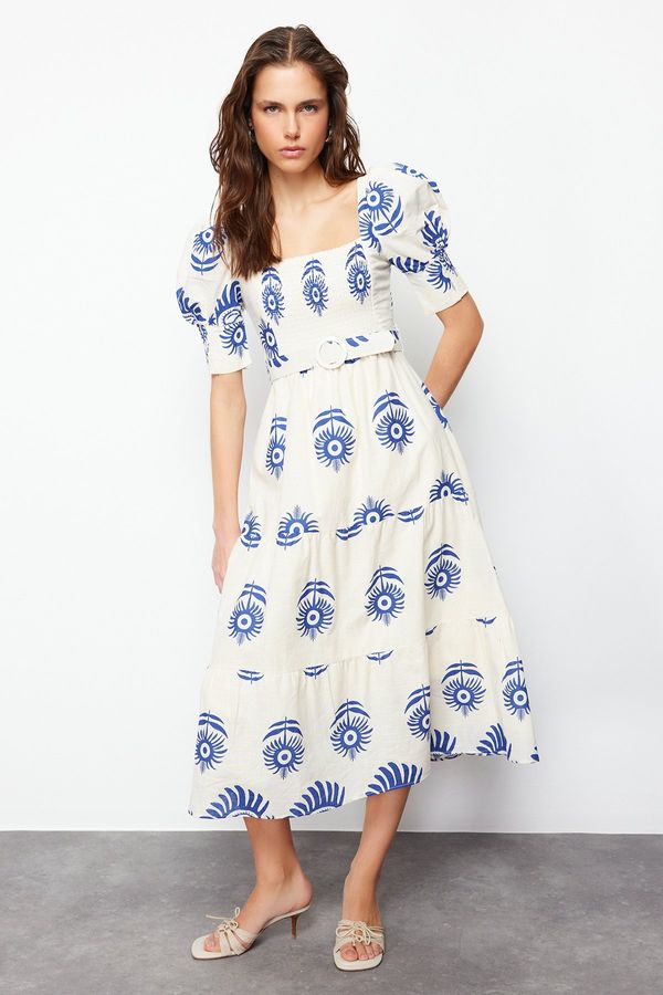 Trendyol Trendyol Blue Patterned Square Neck Linen Look Belted Midi Woven Dress