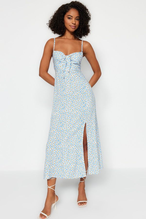 Trendyol Trendyol Blue Patterned Tie Detailed Strappy Sweetheart Neck Slit Midi Woven Dress