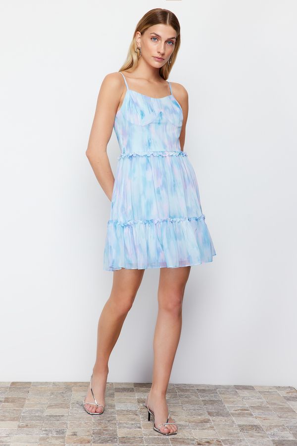 Trendyol Trendyol Blue Patterned Waist Opening V-neck Mini Lined Chiffon Woven Dress