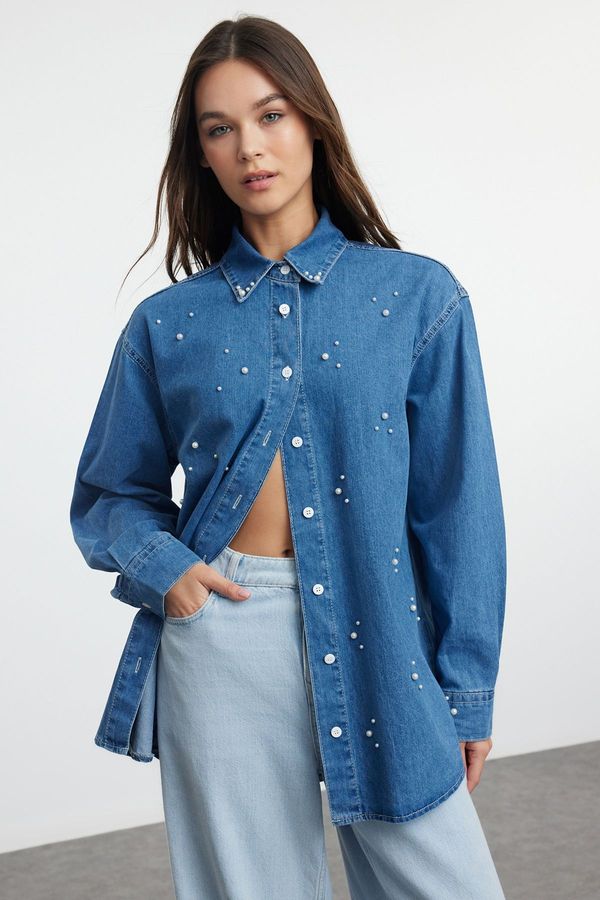 Trendyol Trendyol Blue Pearl Jewelled Denim Shirt