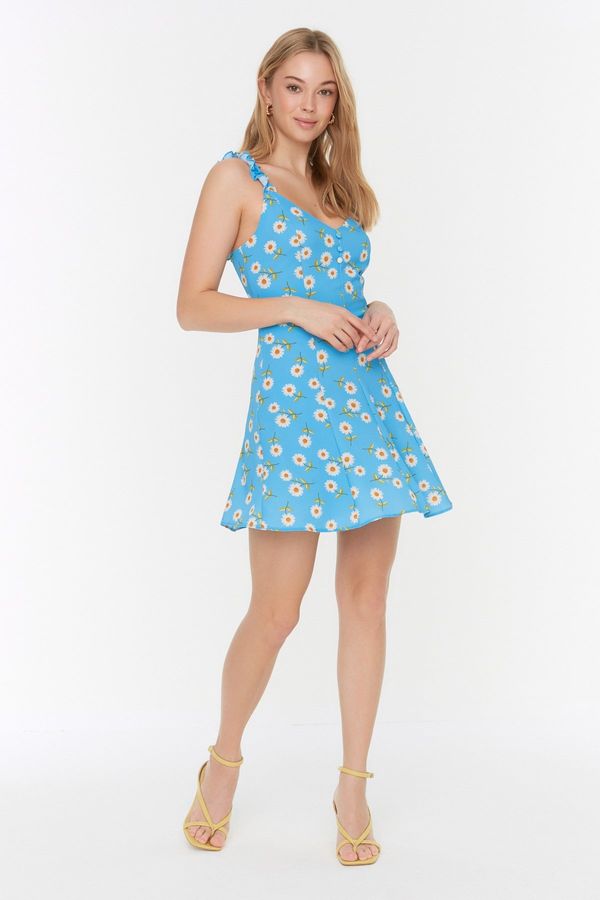 Trendyol Trendyol Blue Petite Waist Opening Super Mini Woven Lined Floral Pattern Woven Dress