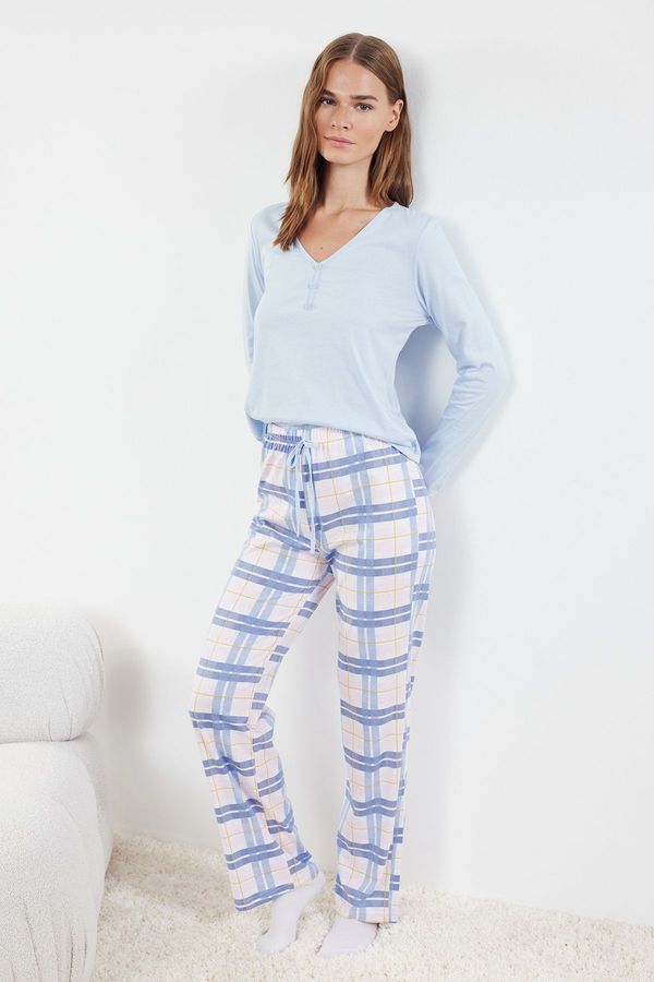 Trendyol Trendyol Blue Plaid / Checkered Single Jersey Knitted Pajama Set