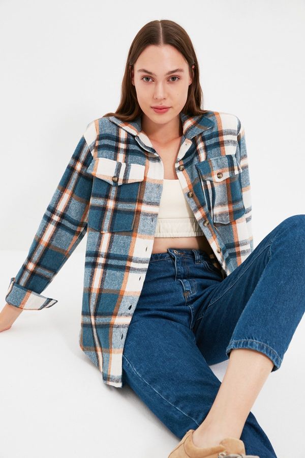 Trendyol Trendyol Blue Plaid Oversize/Creature Woven Shirt