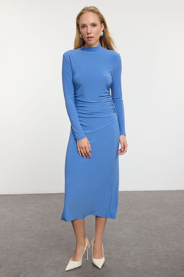 Trendyol Trendyol Blue Plain Drape Detailed High Collar A-Line Flexible Midi Knitted Knitted Dress