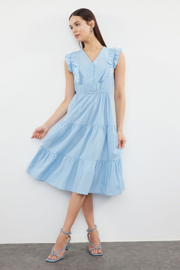 Trendyol Trendyol Blue Plain Midi Skater Form Ruffle Detailed Woven Dress