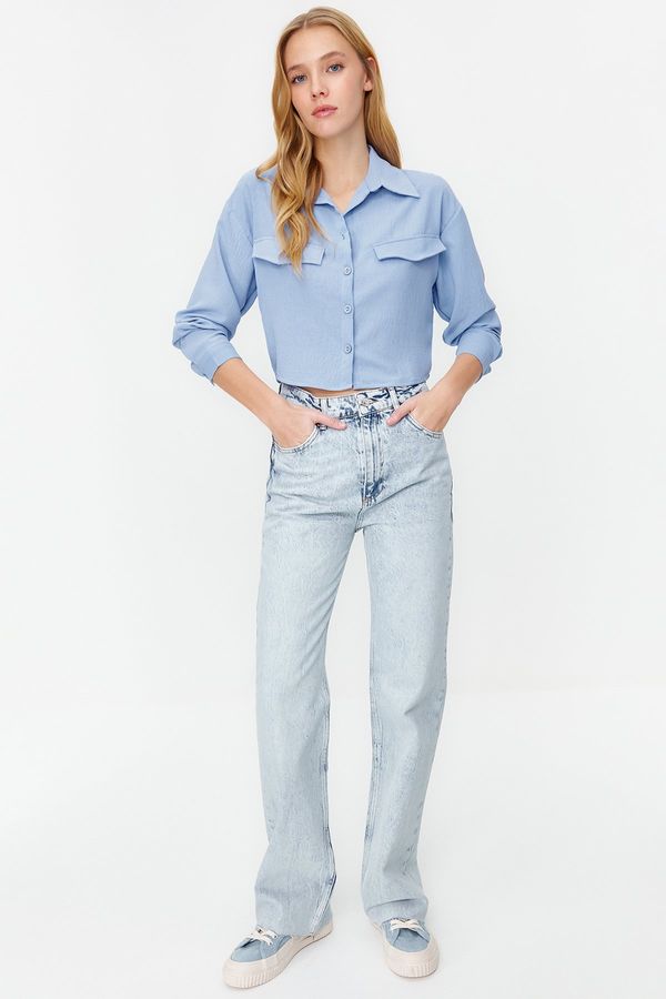 Trendyol Trendyol Blue Pocket Detailed Crop Woven Shirt