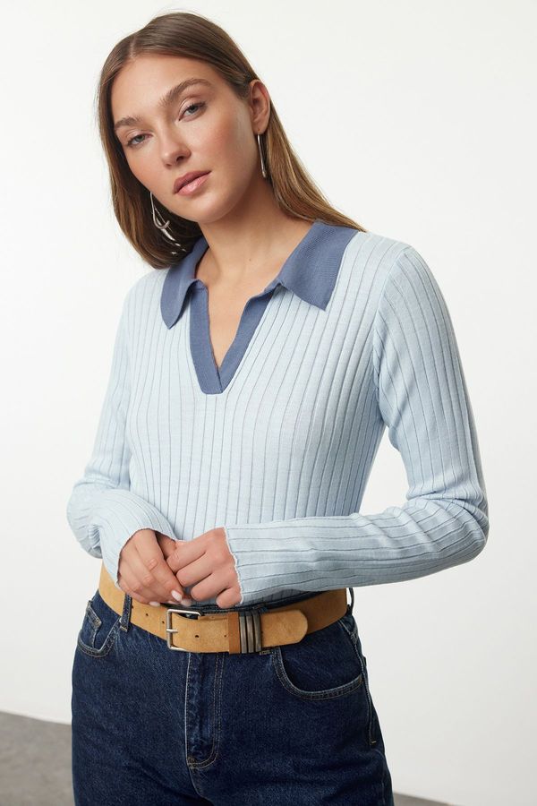 Trendyol Trendyol Blue Polo Neck Color Block Knit Sweater