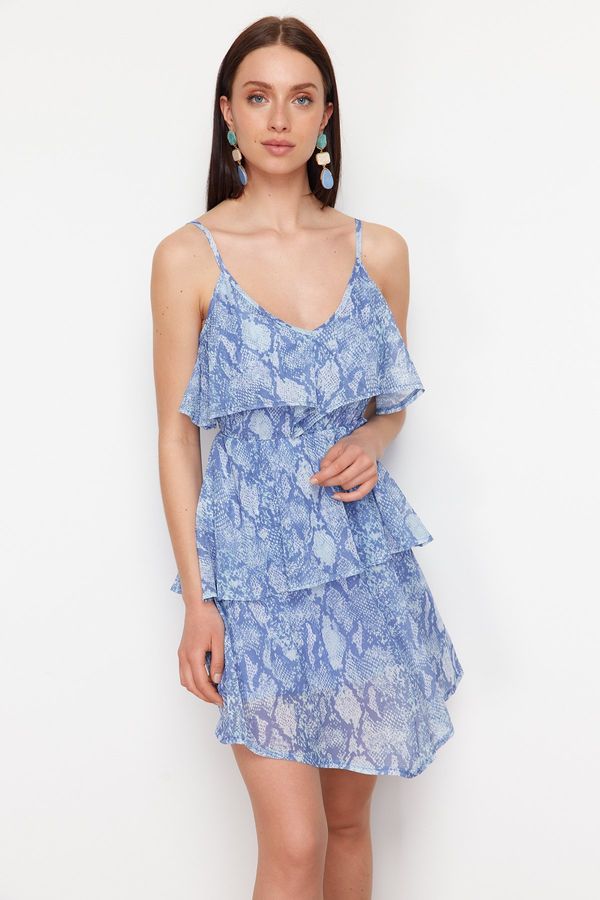 Trendyol Trendyol Blue Printed Tulle Skirt Ruffled Strap Knitted Mini Dress