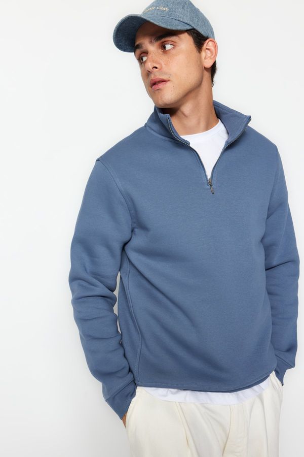 Trendyol Trendyol Blue Regular Cut Stand Collar Zippered Cotton Basic Sweatshirt