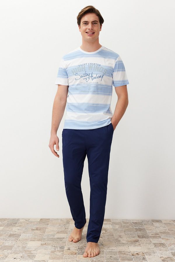 Trendyol Trendyol Blue Regular Fit Striped Knitted Pajama Set