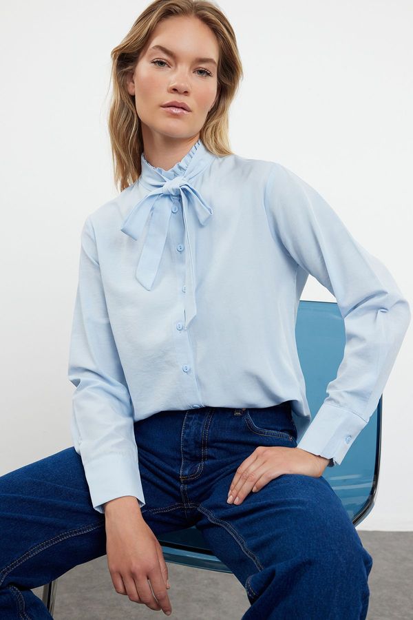 Trendyol Trendyol Blue Regular Fit Woven Shirt with Closed Collar Ruffle Detail