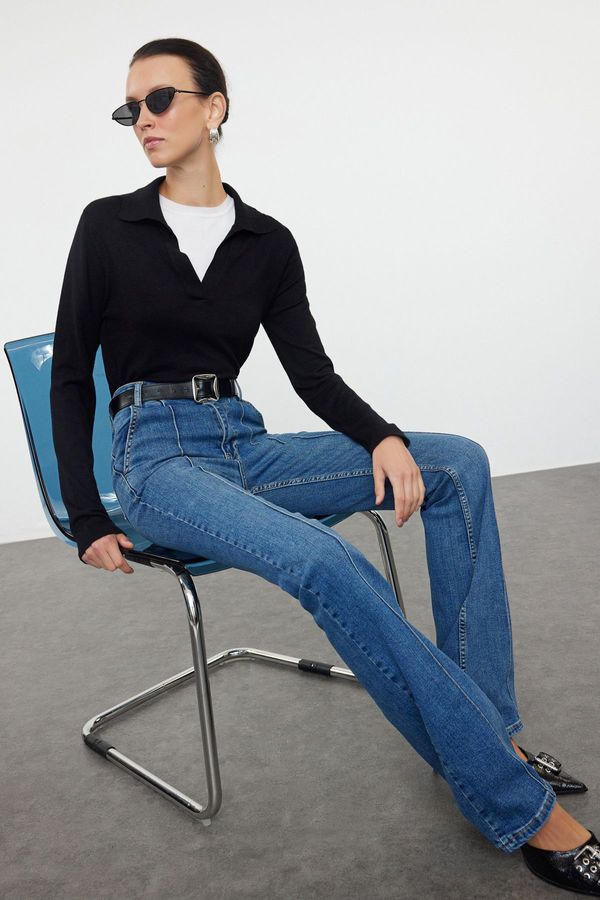 Trendyol Trendyol Blue Ribbed More Sustainable High Waist Flare Jeans