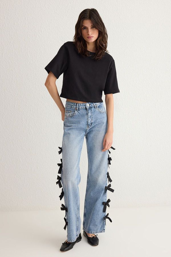 Trendyol Trendyol Blue Ribbon/Bow Detailed Normal Waist Wide Leg Jeans