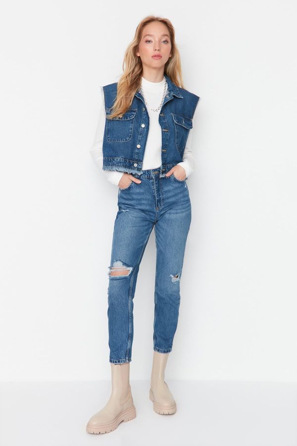 Trendyol Trendyol Blue Ripped Detail High Waist Mom Jeans