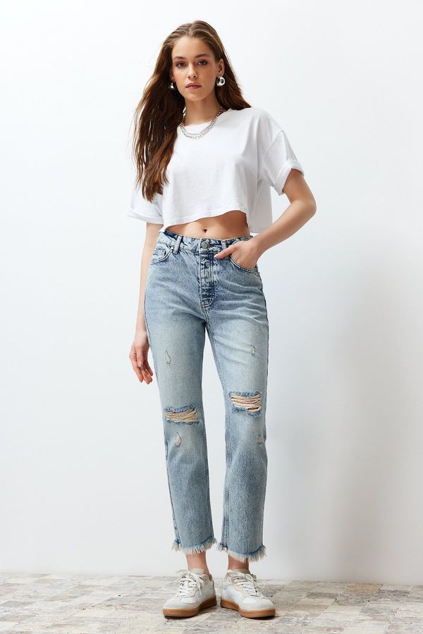 Trendyol Trendyol Blue Ripped Detailed High Waist Straight Jeans