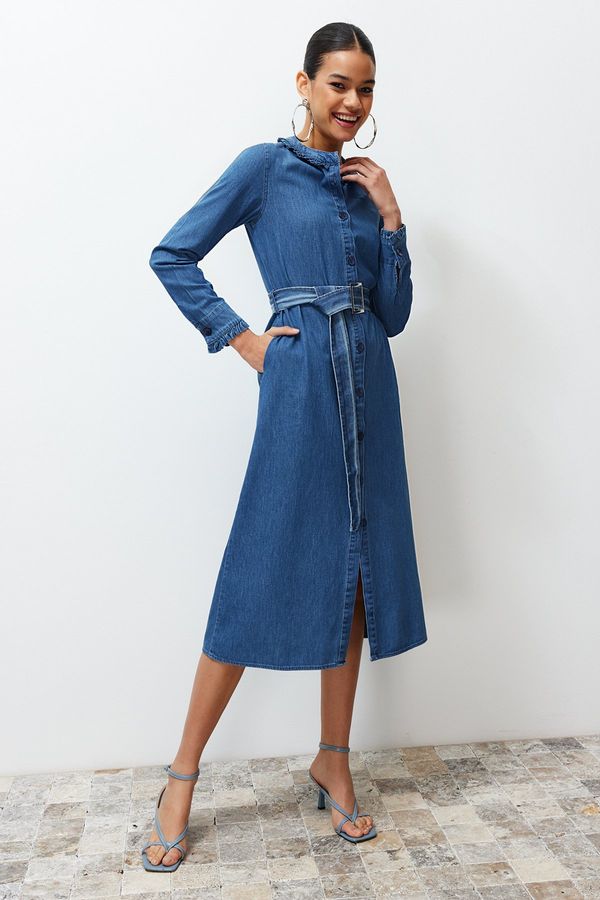 Trendyol Trendyol Blue Ruffle Collar Denim Maxi Dress