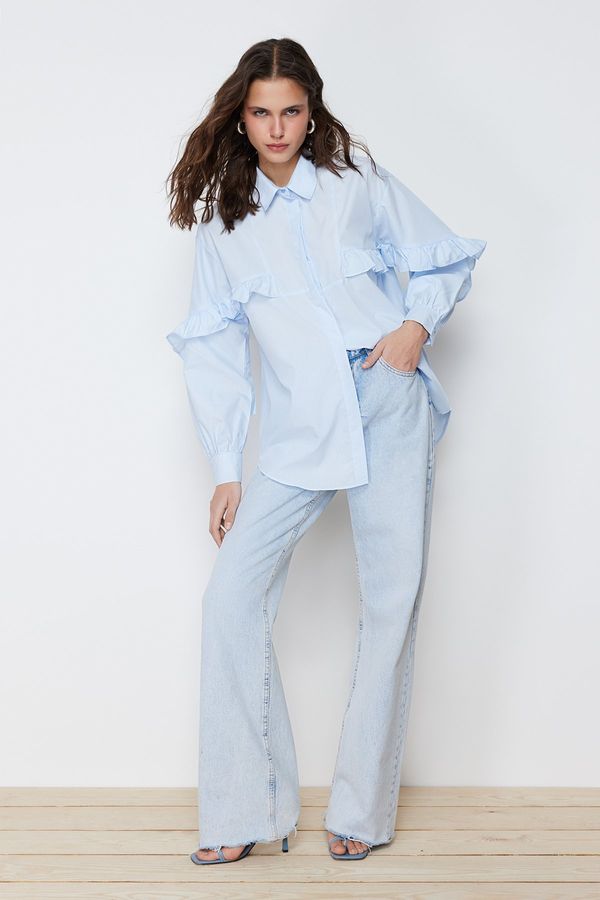 Trendyol Trendyol Blue Ruffle Detail Cotton Woven Shirt