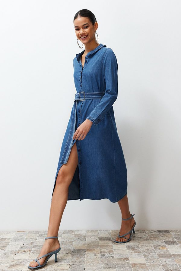 Trendyol Trendyol Blue Ruffle Neck Denim Maxi Dress