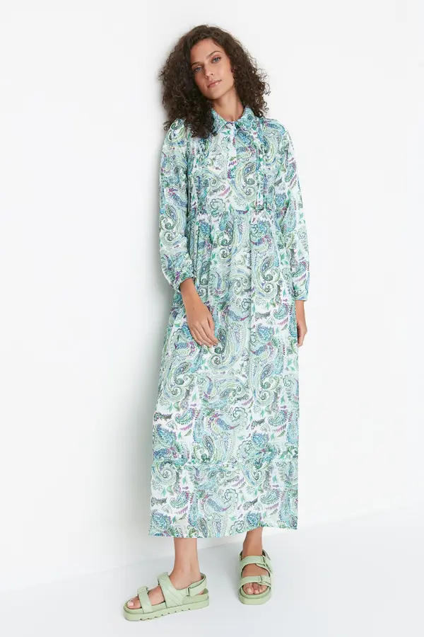 Trendyol Trendyol Blue Shawl vzorčasta srajca ovratnik Chiffon obleka