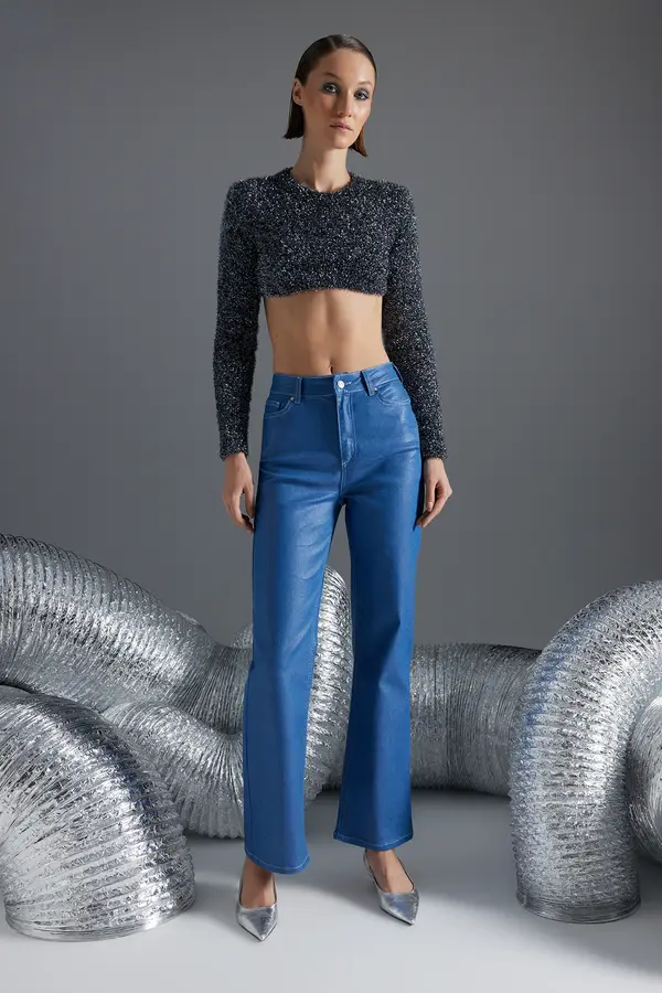 Trendyol Trendyol Blue Shiny Metallic tiskane kavbojke z visokim pasom