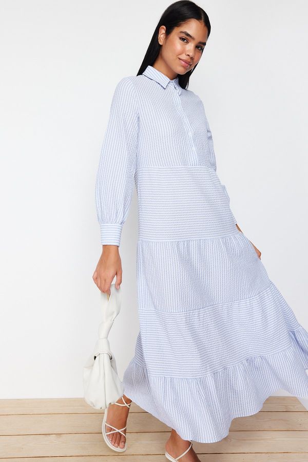 Trendyol Trendyol Blue Shirt Collar Striped Lined Woven Dress