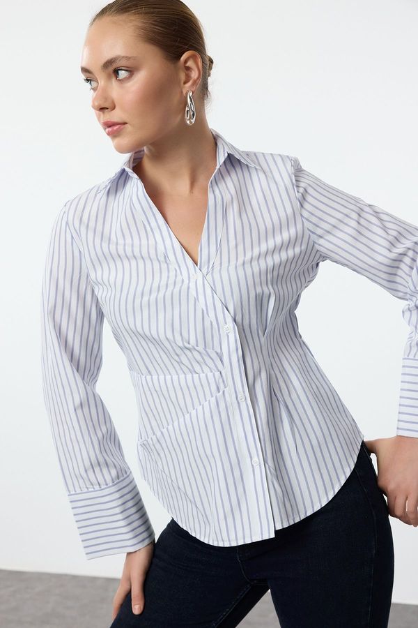 Trendyol Trendyol Blue Side Button Detailed Striped Regular Regular Fit Shirt