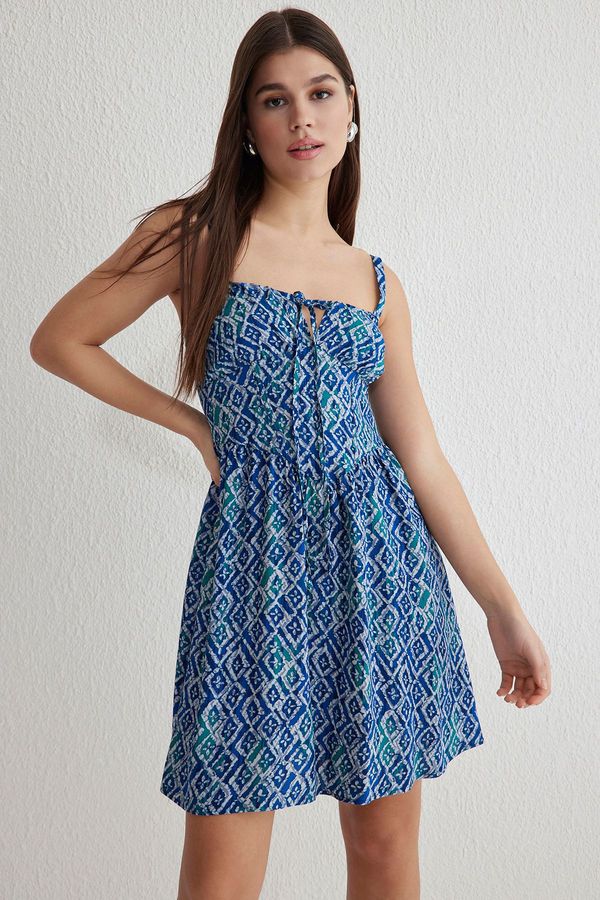 Trendyol Trendyol Blue Skirt Opening at Waist Geometric Patterned Gipel Mini Woven Dress