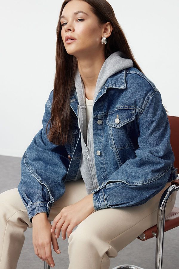 Trendyol Trendyol Blue Sleeve Stitching Detailed Oversize Denim Jacket