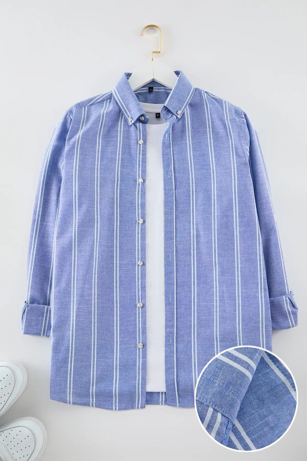 Trendyol Trendyol Blue Slim Fit Button Down Collar Pinstripe Shirt