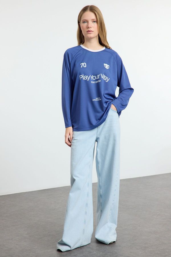 Trendyol Trendyol Blue Slogan Printed Polo Collar Oversize/Wide Pattern Knitted T-Shirt