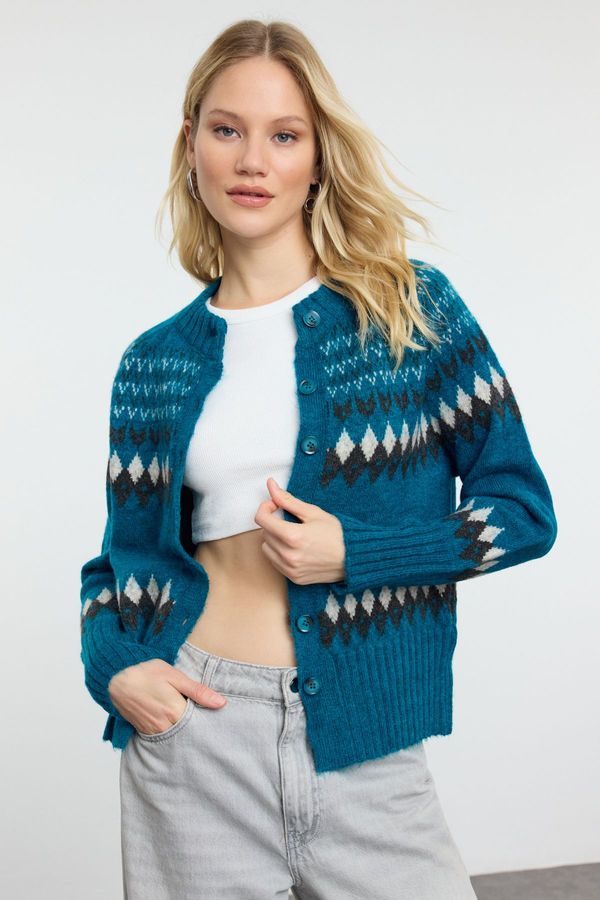 Trendyol Trendyol Blue Soft Textured Geometric Patterned Knitwear Cardigan