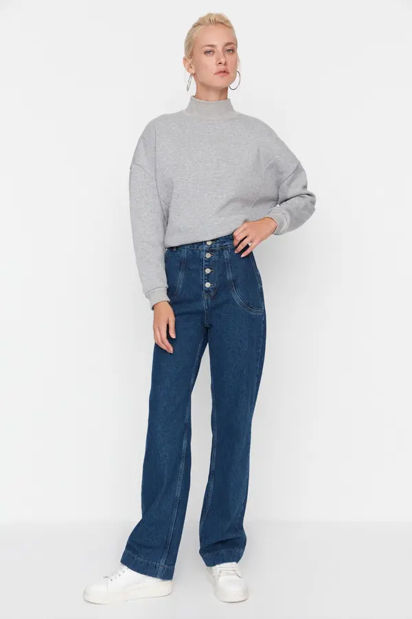Trendyol Trendyol Blue sprednji gumb Visok pas 90's široke noge kavbojke