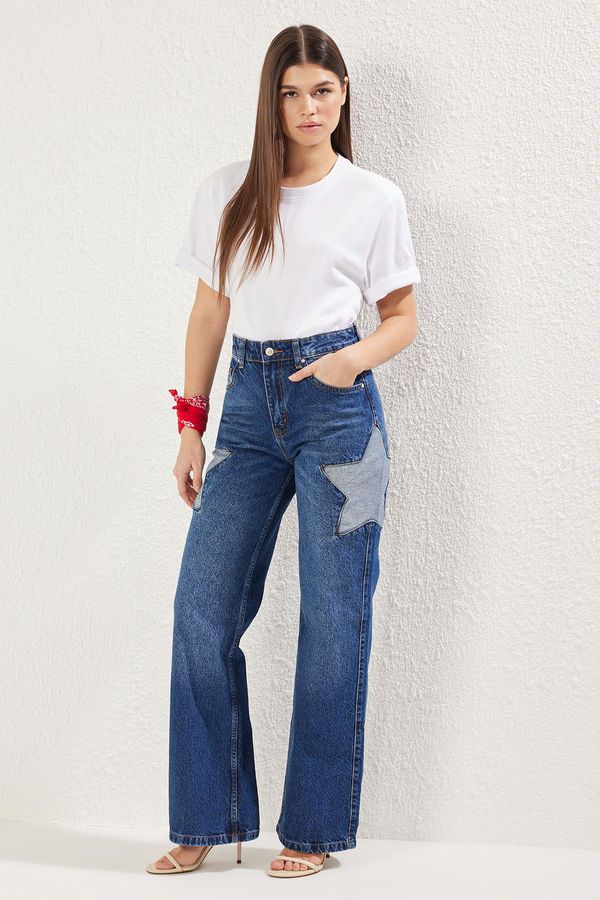 Trendyol Trendyol Blue Star Detailed High Waist Wide Leg Jeans
