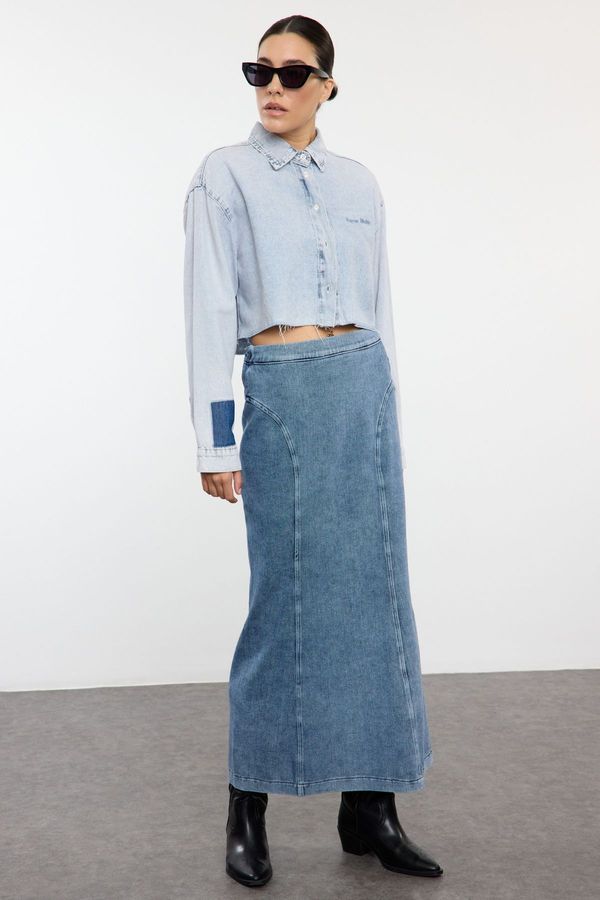 Trendyol Trendyol Blue Stitch Detailed High Waist Maxi Denim Skirt