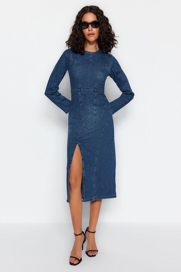 Trendyol Trendyol Blue Stitching Detail Midi Denim Dress